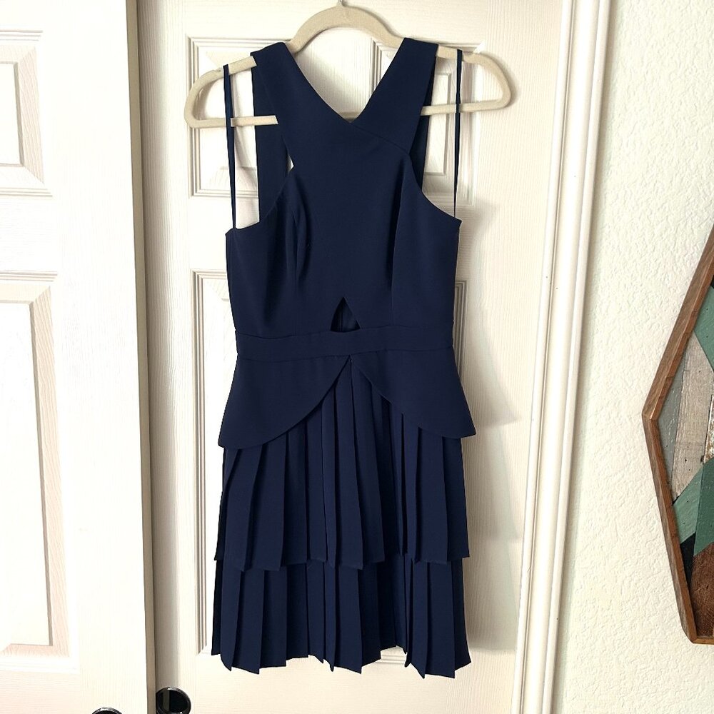BCBG navy blue cross formal mini dress, size 2, wedding guest